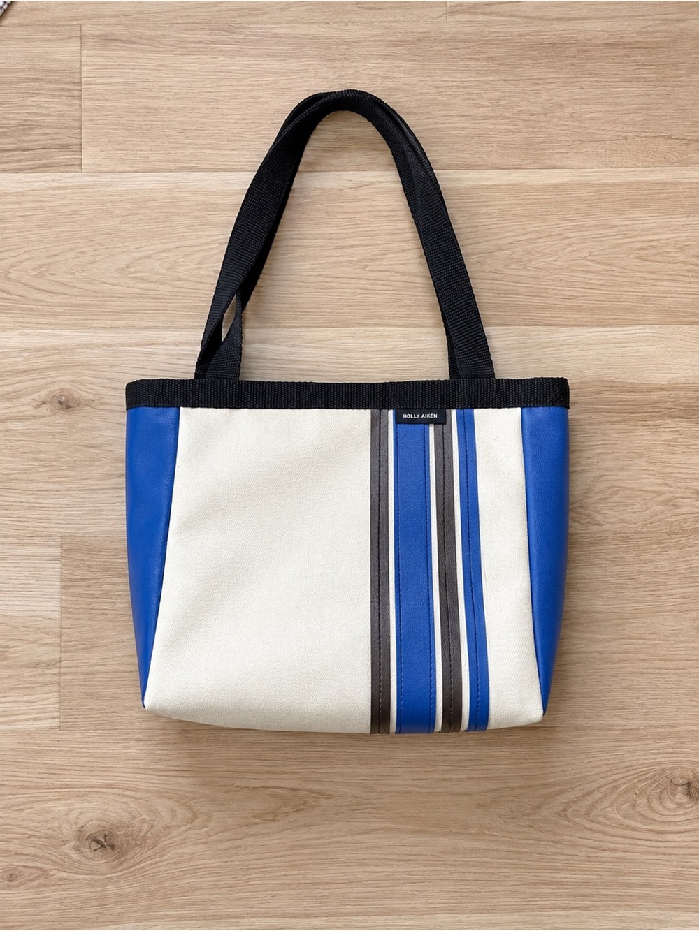 Cream and Blue Stripe Tote with Black Handles